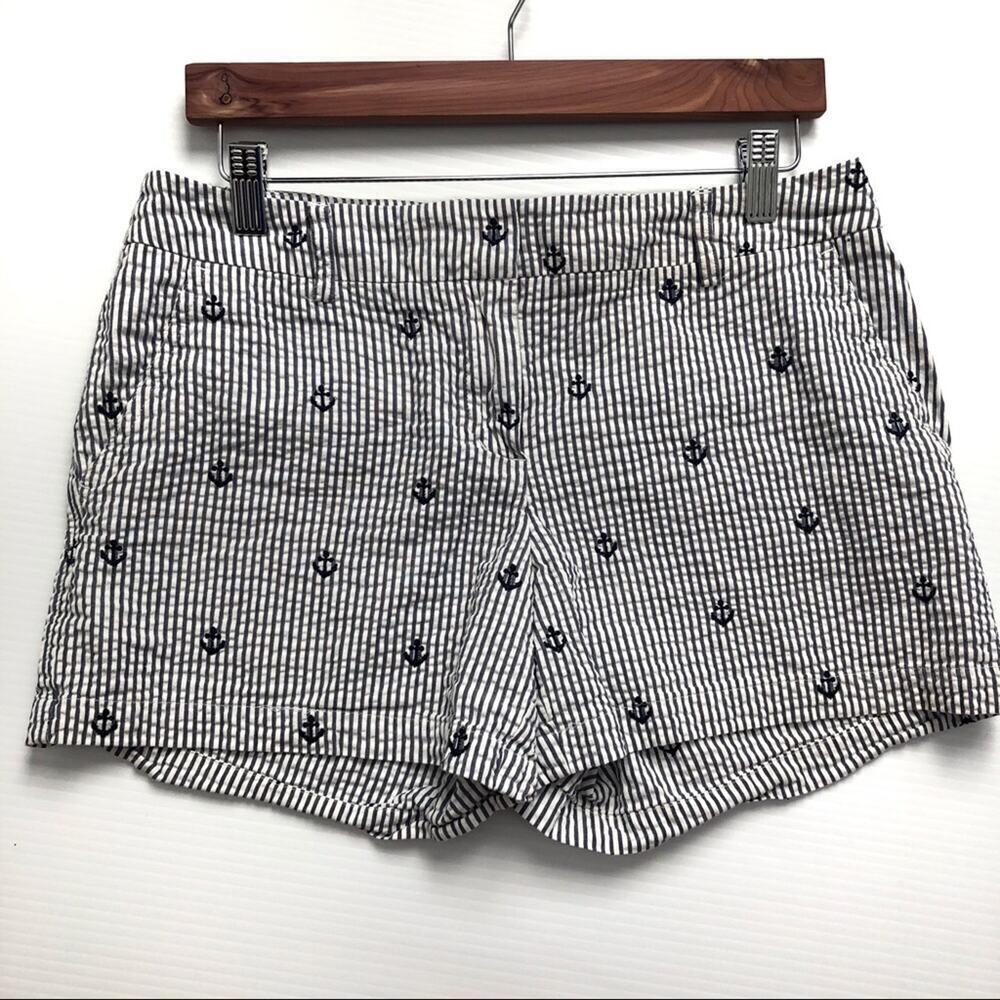 British Khaki Brand nautical anchor striped shorts seer sucker navy & white sz 6